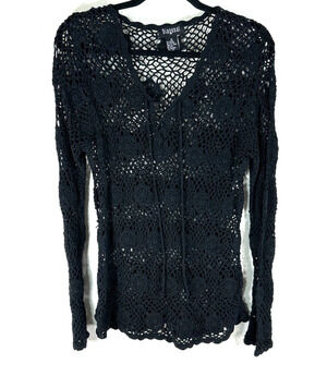 Diagonal Black Crochet Knit Top Scalloped Hem Swim Cover Beachy Hippie M Mod Roc